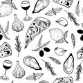 Mediterranean cuisine seamless vector pattern. Hand-drawn illustration. Ingredients for Italian dishes- pizza, olives, garlic Royalty Free Stock Photo