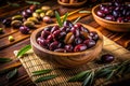 Mediterranean Delights Dark and Atmospheric Night Photography of Kalamata Olives in an Olive Wood Bowl Perfectly