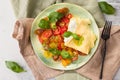 Mediterranean diet, veggies, tomatoes, basil, omlete and buratta on green plate Royalty Free Stock Photo