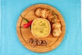 Fish and cream cheese soup with herbs, garlic bread, red and green chili peppers, thyme and walnuts Royalty Free Stock Photo