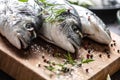 Mediterranean fish bream with spices salt herbs garlic and lemon. Healthy seafood. Concept of healthy sea food Royalty Free Stock Photo