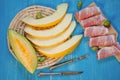 Mediterranean food - ham, melon and olives Royalty Free Stock Photo