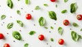 Mediterranean freshness vibrant organic tomatoes and basil leaves displayed on white table