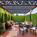 Mediterranean Getaway: A sunny terrace with terracotta tiles, wrought-iron furniture, and a pergola covered in vines1, Generativ