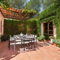 Mediterranean Getaway: A sunny terrace with terracotta tiles, wrought-iron furniture, and a pergola covered in vines3, Generativ