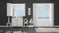 Mediterranean gray living, windows with sea panorama, summer hot Royalty Free Stock Photo