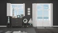 Mediterranean gray living, windows with sea panorama, summer hot Royalty Free Stock Photo