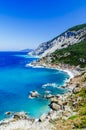 Mediterranean hidden places at Kastro, Skiathos island, Greece. Beautiful vivid panorama view of blue aegean sea coast from wild