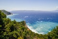 Mediterranean hidden places at Kastro, Skiathos island, Greece. Beautiful vivid panorama view of blue aegean sea coast from wild