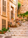 Mediterranean house with flower pots decoration Royalty Free Stock Photo