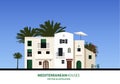 Mediterranean houses, palms and blue sky bakground.