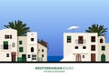 Mediterranean houses, palms and blue sky.