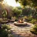 Mediterranean-inspired Outdoor Fire Pit And Garden With Naturalistic Light