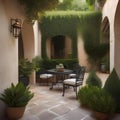 A Mediterranean-inspired patio with wrought iron furniture and lush greenery2