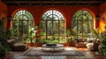 Mediterranean-inspired sunroom with terracotta tiles olive trees