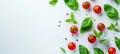 Mediterranean inspired vibrant organic tomatoes and fresh basil display on white table