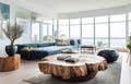 Mediterranean interior design of modern living room with unique wooden live edge coffee table. Created with generative AI