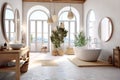 Mediterranean interior design of modern spacious bathroom with rustic elements and arched windows. Created with generative AI