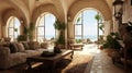 mediterranean interior design very sharp, photorealistic