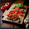 Mediterranean Italian antipasti, bruschetta with garlic and basil on the table. Dark rustic background, generative AI.