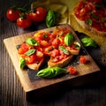 Mediterranean Italian antipasti, bruschetta with garlic and basil on the table. Dark rustic background, generative AI.