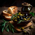 Mediterranean Italian antipasti olives set on table. Dark rustic background, generative AI.