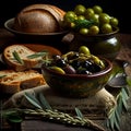 Mediterranean Italian antipasti olives set on table. Dark rustic background, generative AI.