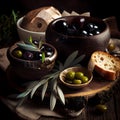 Mediterranean Italian antipasti olives set on table. Dark rustic background, generative AI.