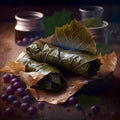 Mediterranean Italian antipasti, stuffed and pickled vine leaves on the table. Dark rustic background, generative AI.