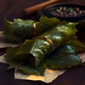 Mediterranean Italian antipasti, stuffed and pickled vine leaves on the table. Dark rustic background, generative AI.