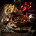 Mediterranean Italian antipasti, sundried tomatoes in olive oil with garlic basil served with toasted bread on the table