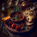 Mediterranean Italian antipasti, sundried tomatoes in olive oil with garlic basil served with toasted bread on the table