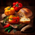 Mediterranean Italian antipasti, yellow and red peppers cut into strips and marinated in olive oil with basil, served
