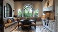 mediterranean kitchen design, chic mediterranean kitchen with a charming dining corner, mosaic tile backsplash, and cozy