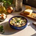 Mediterranean kitchen table with blue ceramic frittata and fresh ingredients in soft morning light Royalty Free Stock Photo