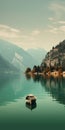 Old Boat On Mountain Lake: Dark Beige And Teal European Landscape