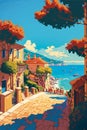 Mediterranean landsacpe, old town on sea coast, summer scenery, printable painting