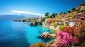 Mediterranean landscape with azalea flowers. French reviera, view of stunning coastal town Royalty Free Stock Photo