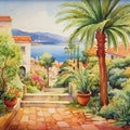 Mediterranean landscape image in watercolor.