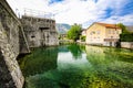 Mediterranean landscape. Medieval city walls, fortifications and river in Kotor, Montenegro.