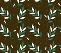 Mediterranean landscape, olive branch, leaves, olives. Vector seamless pattern in green colors for packaging design, decoration