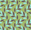 Mediterranean landscape, olive branch, leaves, olives. Vector seamless pattern in green colors for packaging design, decoration