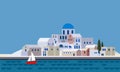 Mediterranean landscape by sea, Greek island with little town, village, resort, beach, flat design,