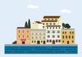 Mediterranean landscape by sea. Italian or Croatian town with colorful old houses. Flat design. Vector illustration.