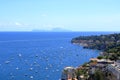 Mediterranean landscape. Sea view of the Gulf of Naples and the silhouette of the island of Capri in the distance. The province of Royalty Free Stock Photo