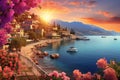 Seafront landscape with azalea flowers. French Riviera, view of stunning picturesque coastal town,