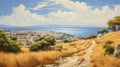 Mediterranean Landscapes: A Realistic Oil Painting Of An Antique Greek Island
