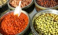 Mediterranean market stall with big olives and red peppers for s Royalty Free Stock Photo