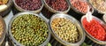 Mediterranean market stall with big olives and red peppers for s Royalty Free Stock Photo