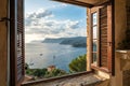 Mediterranean open window with shutters and sea view Royalty Free Stock Photo
